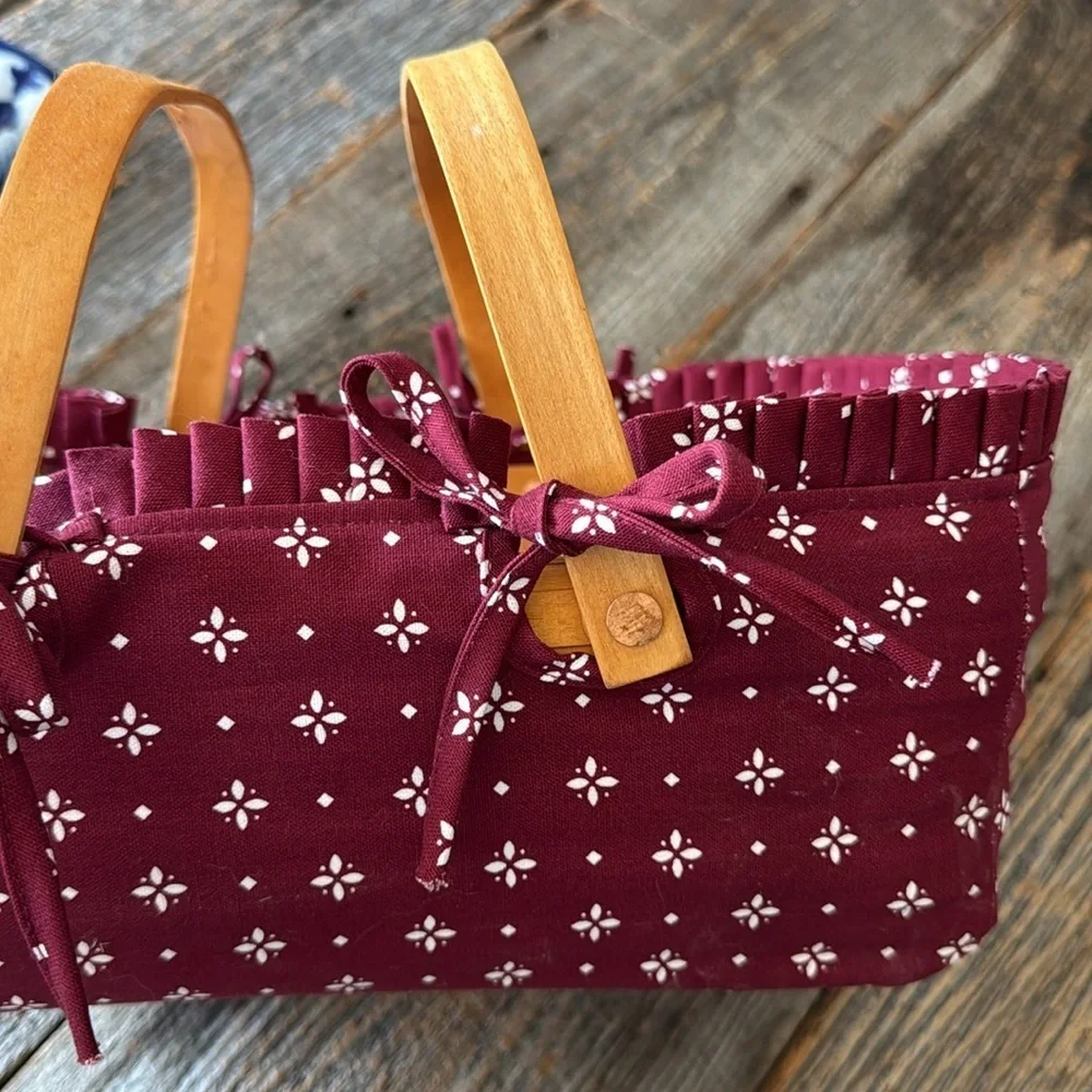 Longaberger Woven Handled Basket with Burgundy Fabric and Insert Liner
